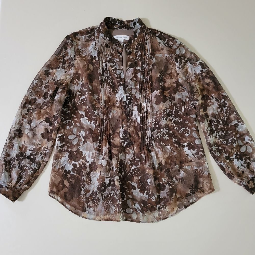 Coldwater Creek Women's Pintuck Brown Floral Blouse